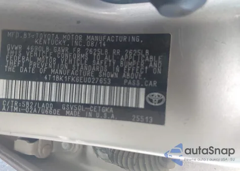 2014 Toyota Camry Xle V6 z USA, uszkodzony, nr VIN 4T1BK1FK6EU027653